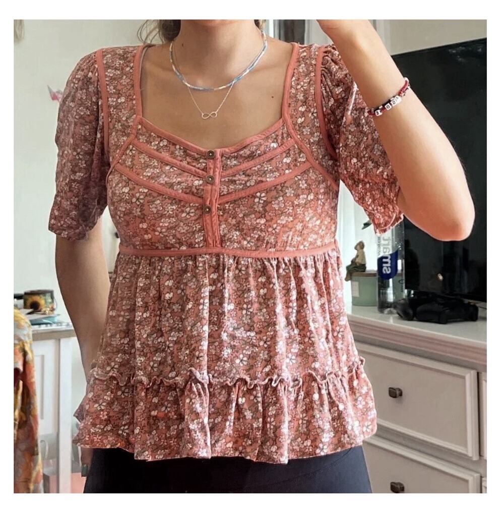 Rewind Top Country Cottage Feminine Floral Flowy Baby Doll Romantic Pink Western